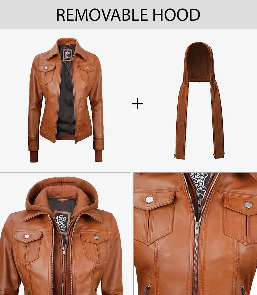 Tralee Womens Tan Wax Bomber Leather Jacket With Removable Hood